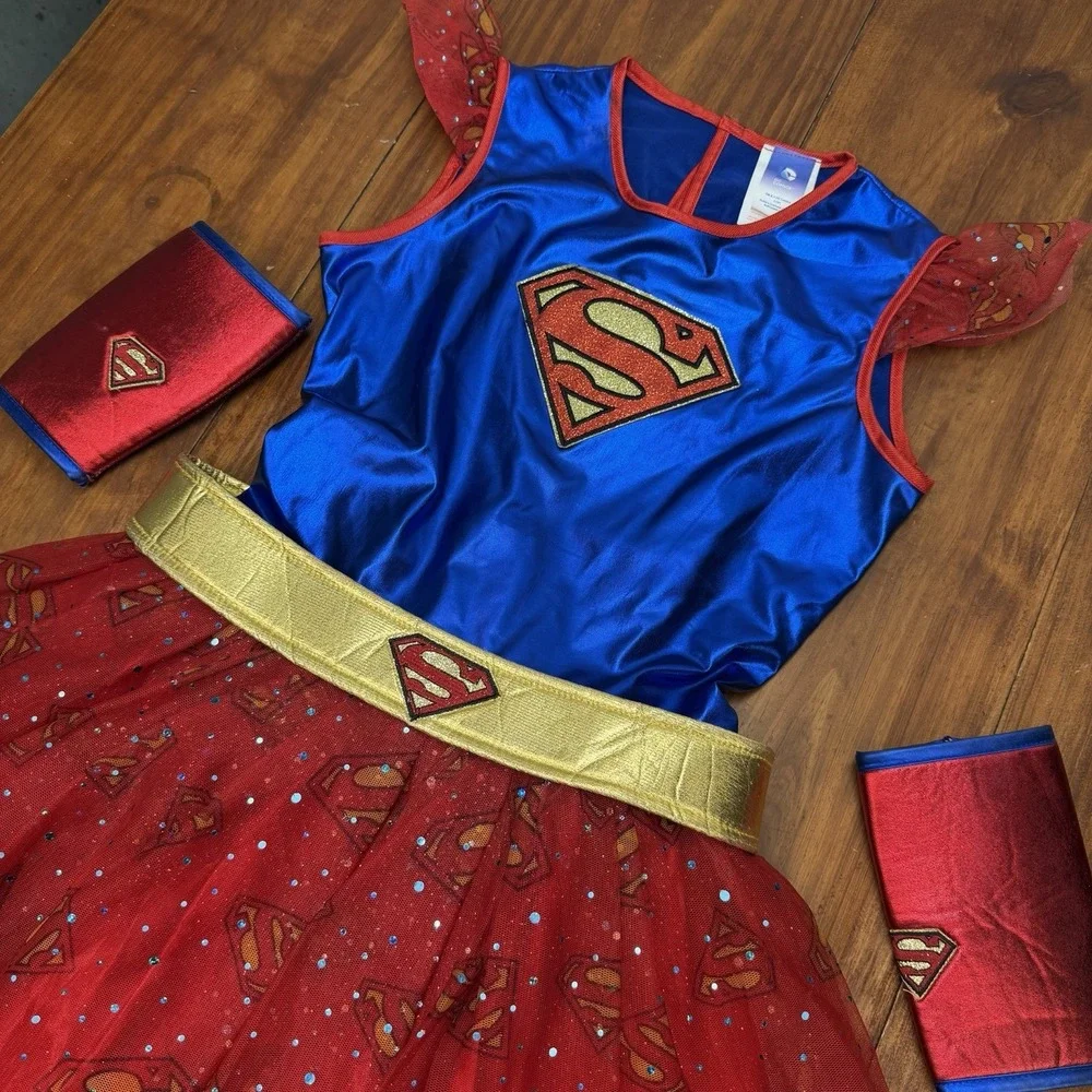 DC Superheroes Supergirl YL Costume Cosplay Dress, Belt, Cape & Armbands